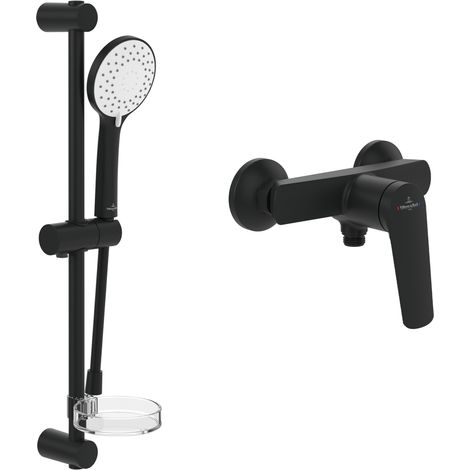 Villeroy & Boch - Set doccia esterno Oasis (pacchetto 2 in 1), sistema doccia con miscelatore, doccetta, flessibile per doccetta, asta doccia con supporto per doccetta, nero opaco (1/4)