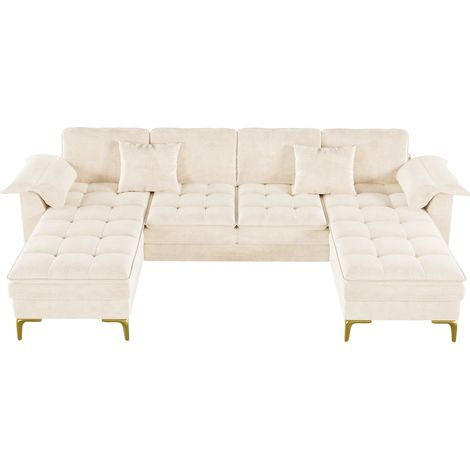 Modulares U-Ecksofa 4-Sitzer aus beigem Chenille mit 2 Chaiselongues und Metallfüßen in Gold (1/5)