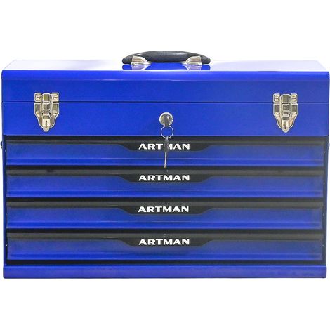 Boîte à outils portable avec quatre bouchons, compartiment de rangement et serrure métallique, bleu et noir