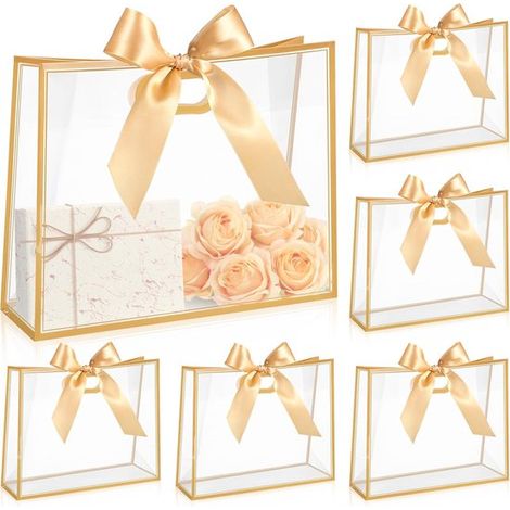 12 transparente Geschenktüten aus Kunststoff – wiederverwendbar mit gestanzten Griffen und goldenem Band (30,5 x 25,4 x 12,7 cm) (1/5)