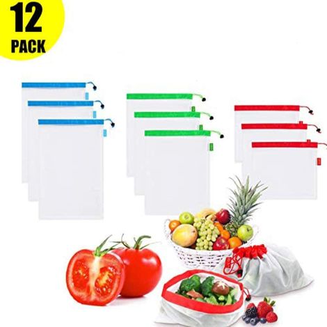 Bolsas reutilizables para frutas y verduras, juego de 12 piezas, bolsas de compra ecológicas, redes lavables para verduras con tara para comprar frutas y verduras (4 pequeñas, 4 medianas, 4 grandes) (1/5)