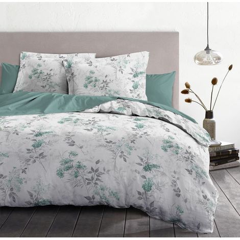 Parure de lit 220x240 cm 100% Coton, Housse de Couette avec 2 taies, Motif Pompadour Blanc et Vert, Douce, Respirante et résistante (1/3)