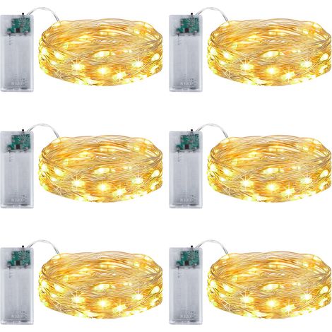 Lot de 6 guirlandes lumineuses LED à piles avec minuteur, 2 m, 20 LED, fil de cuivre, guirlande lumineuse d'intérieur à piles pour fête, chambre à coucher, Noël, mariage, Halloween, décoration DIY (1/5)
