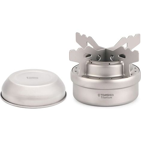 Réchaud à alcool portable mini en titane avec couvercle, support en croix, pour camping, randonnée et trekking. Brûleur à alcool portable. (1/5)