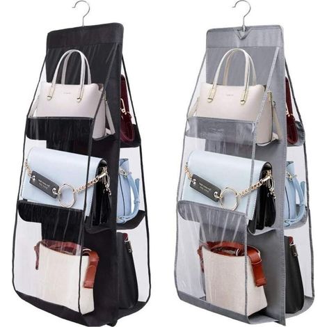 CCYKXA 2Pack Organiseur de sac à main à suspendre 6 Poches Organisateur de Garde Robe Sacs Penderie Sac de Rangement Suspendu Organisateur de Garde Robe Pliable(Noir+Gris) (1/5)