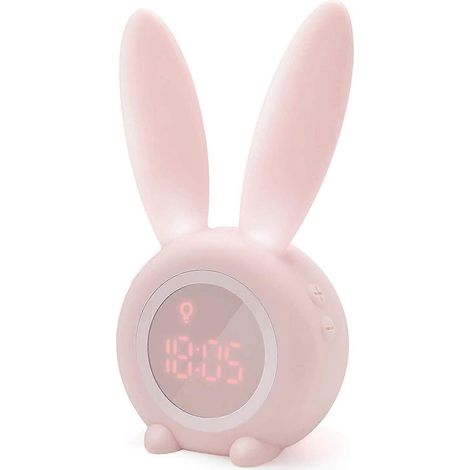 Réveil à induction en forme de lapin rose mignon, réglage automatique intelligent de la lumière (effet de respiration), affichage automatique de l'heure, de la date et de la température, alarme vocale (1/5)