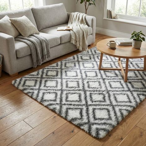 Tappeto DECOR per soggiorno, a pelo lungo, antiscivolo, morbido, soffice, alla moda, 160x220 cm, cubo bianco.
