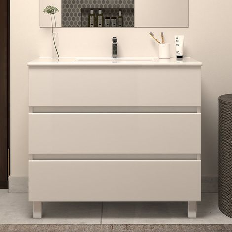 Meuble sous vasque seul, 3 tiroirs, 80cm, pour simple vasque - blanc brillant - MAYOR