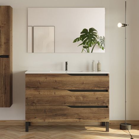 Meuble de salle de bain 120cm simple vasque - 3 tiroirs - tabaco (bois foncé) - MATA (1/5)