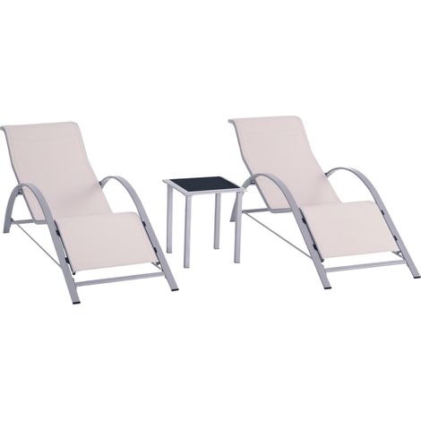 Ensemble de 2 chaises longues et table basse avec plateau en verre, 59 x 169 x 66 cm, crème idéal pour se détendre au soleil dans votre jardin, sur votre terrasse ou au bord de la piscine, alliant co (1/5)