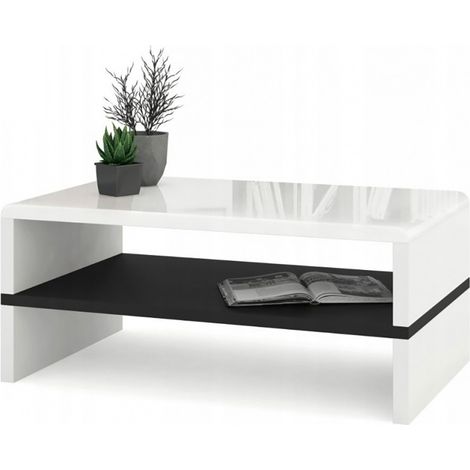 Dusine – Table basse fixe 100 cm – Plateau laqué blanc – Tablette noir mat pour rangement – Dimensions 100x60x43 cm – Design contemporain (1/4)