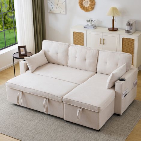 3-Sitzer-Schlafsofa, L-förmiges Sofa mit Stauraum, Getränkehalter, modernes Design für Wohnzimmer, 211 x 130 x 86 cm, Beige