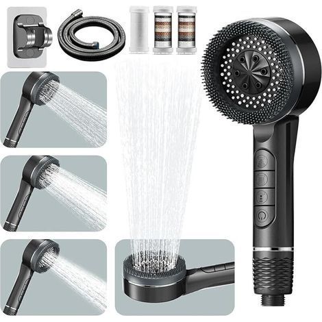 High Pressure Shower Head, 4 Jet Types with Water Stop Button, Anti-Limescale Shower Head with 1.5M Shower Hose and Shower Holder, Economy Shower Head, Gray (1/5)