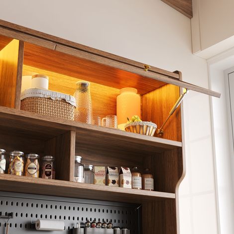 Buffet moderne avec éclairage LED et application, meuble haut étroit pour cuisine et salon, armoire de rangement élégante avec panneau perforé, tiroir et étagères en verre 145x39x171 cm, teinte noyer (1/5)