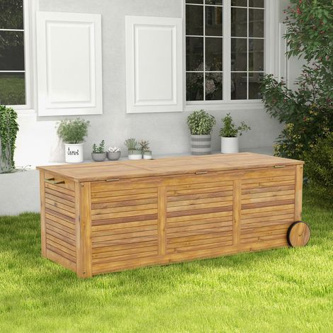 Rangement extérieur pratique, coffre de jardin 48 gal en bois d'acacia avec roues, poignée latérale, pour coussins (1/5)