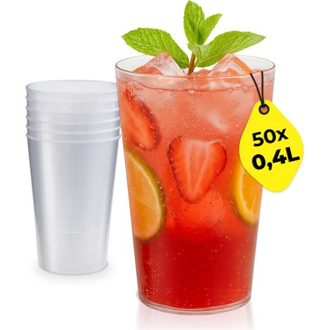 Lot de 50 gobelets en plastique réutilisables de 0,4 l, empilables, lavables au lave-vaisselle, avec trait de repère, sans BPA, à paroi fine et robuste (1/5)