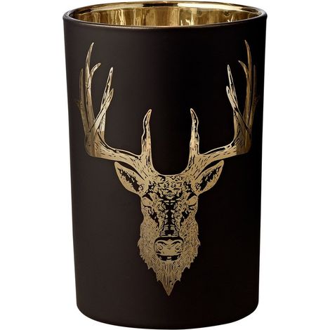 Photophore Lanterne Bougeoir en Verre Motif Forêt et Cerf Noir Mat et Or Hauteur 18 cm - PANGIVO (1/5)