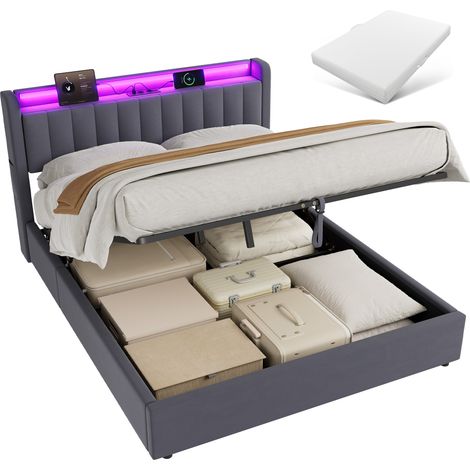 Lit 160x200 cm velours gris foncé avec rangement intégré, USB et lumière d'ambiance, cadre métal renforcé, capacité 200 kg – de CHICFURN (1/5)