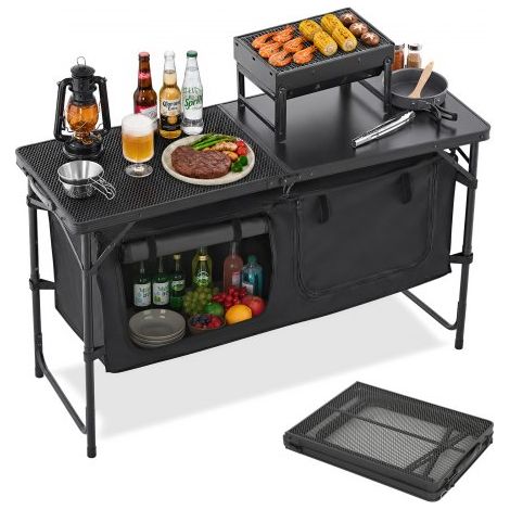 Table de cuisine de camping, 3 hauteurs réglables, table de cuisson extérieur pliante, portable et légère, en aluminium, avec organisateur de rangement, pour barbecue, pique-nique, voyage, noir (1/3)