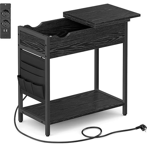 Vasagle – Table de chevet étroite avec multiprise et ports USB – Pochette de rangement – Dimensions 60 x 31,5 x 60 cm – Noir boisé (1/5)