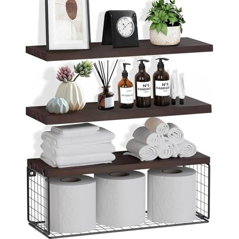 Étagère Murale Bois pour Salle de Bain et Cuisine avec Panier de Rangement en Fil Métallique pour Salon Bureau (1/3)