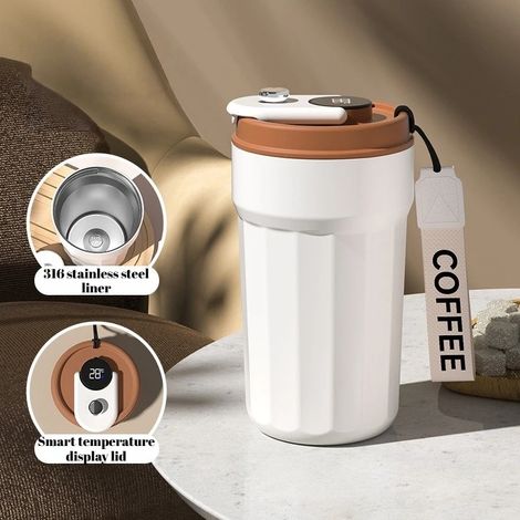 (Marron, 450 ml) Thermos à café intelligent avec affichage de la température, en acier inoxydable 316. (1/5)