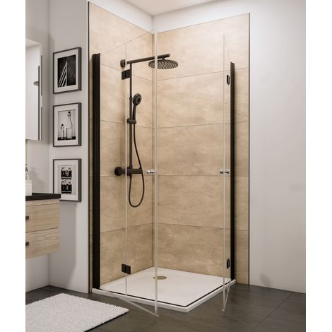 Accès d'angle droit avec portes de douche pivotantes-pliantes, verre 5 mm transparent anticalcaire, profilé noir, style industriel, Schulte, 80 x 80 x 192 cm (1/4)