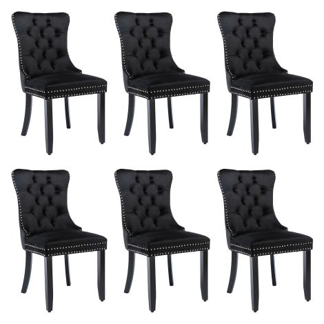 Set of 6 Black Velvet Upholstered Dining Chairs with Button Tufting,Solid Wood Legs,Riveted Trim and Knocker Ring for Dining Room and Living Room Use (1/5)