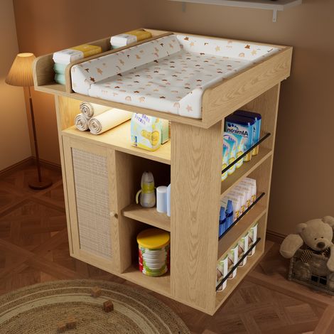 Table à langer naturelle en bois massif, éclairage LED ajustable (couleur + intensité), tiroirs latéraux spacieux, plan de change avec séparateur