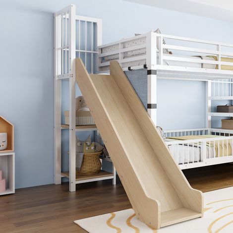 Lit superposé en métal pour enfant avec toboggan et escalier de rangement 90x200cm, structure de mezzanine avec barrière de sécurité, étagères intégrées, lit gain de place pour chambre garçon et fille (1/5)