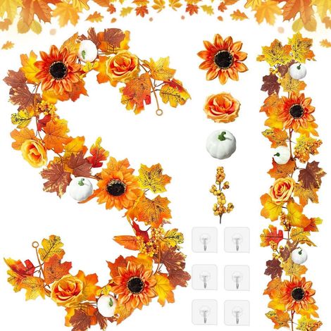 Künstliche Herbstgirlande 2er Set Ahornblätter mit Sonnenblumen und Rosen (1/5)