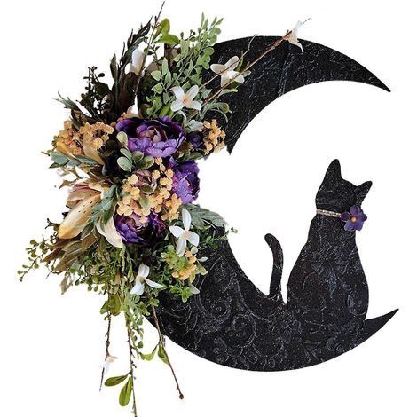 Mondkatzen-Kranz für Halloween, Türdekoration, Zweige, Kätzchen, Kunstblumen, Mondkatzen-Kranz - A1 (1/5)