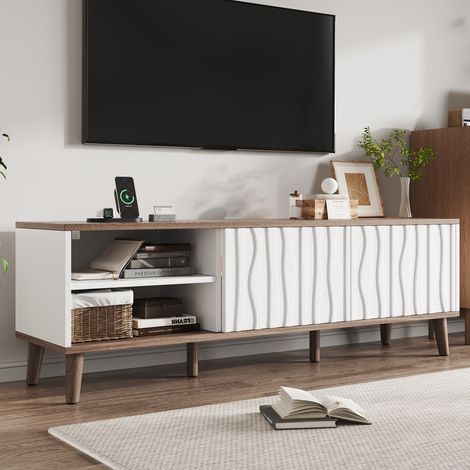 Meuble TV blanc avec LED, rangement et porte coulissante, buffet multimédia 160 cm pour salon chambre, TV 70 pouces