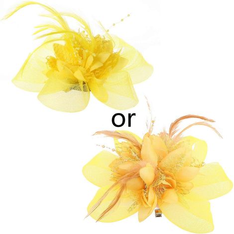 Barette fascinator femme plumes dentelle fleurs perles, chapeau clip cheveux ruban mesh, solide couleur broche corsage mariage cocktail fête. (1/4)