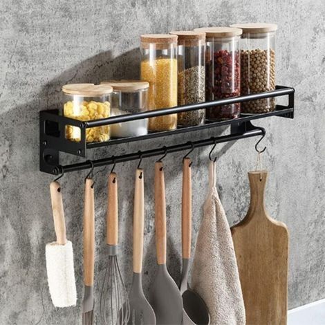 Acier inoxydable Porte Ustensiles Cuisine avec 8 Crochets, Adhésif/Perçage 2 Façons D'installer Support Rangement Ustensiles Cuisine,40cm Mural Ustensiles Cuisine Organiseur Rack, Noir (1/4)
