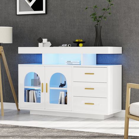 Buffet de cuisine LED 120 x 40 x 80 cm, 3 tiroirs, 2 portes, blanc brillant DESVIAE (1/5)