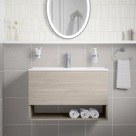 Armoire de toilette suspendue 60 cm Chêne gris avec un tiroir, un compartiment ouvert et un lavabo inclus Mod. Sauris