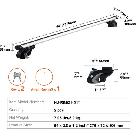 Mophorn Universal Dachgepäckträger Querträger 54“ Aluminium Querträger, Fit Erhöhte Seitenschiene mit Lücke - 200 lbs Tragfähigkeit, Einstellbar mit Schlössern für SUVs, Limousinen, Vans (1/4)