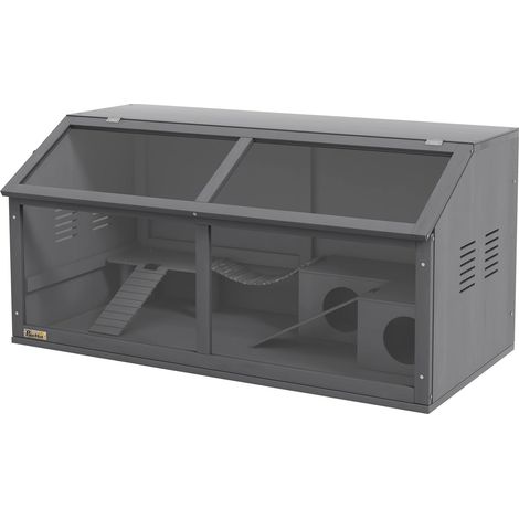 Jaula para hámster de madera, casa para roedores de 100 cm, establo para animales pequeños, casa de juegos con puente colgante, escaleras, techo abatible, cabaña, gris oscuro
