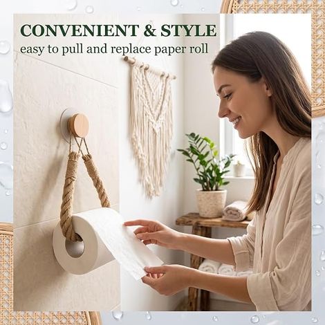 Porte Papier Toilette Mural en Corde de Chanvre et Bois, Dérouleur pour Salle de Bain et WC, Support Rouleau Rustique avec Crochets en Bois (1/5)