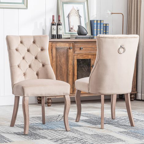 Sedia a 4 gambe – Sedia da pranzo in velluto beige con schienale alto, lavorazione capitonné e struttura in legno massello – Beige (Set da 2)
