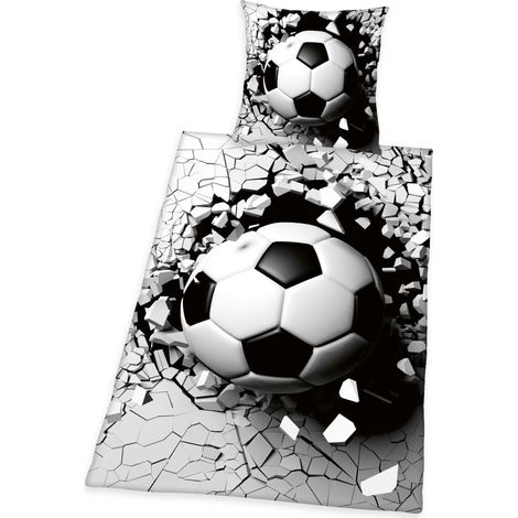 Parure de Lit Effet 3D, Football, Réversible, Taie d'Oreiller 70 x 90 cm, Housse de Couette 140 x 200 cm, Avec Fermeture Éclair Facile, 100% Coton/Renforcé, Gris/Blanc (1/5)