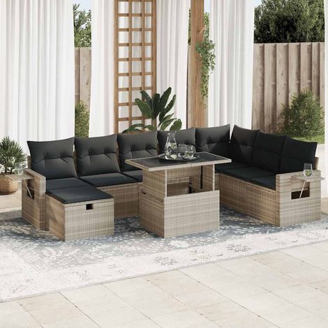 Set muebles jardín 9 pzas y cojines ratán sintético gris claro vidaXL (1/5)