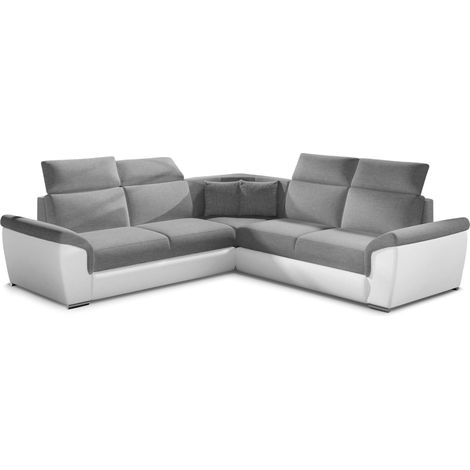 Canapé convertible angle réversible tissu gris chiné et simili cuir blanc Derek (1/5)