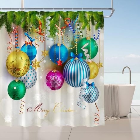 Bardusch - Rideau de douche,Rideau de douche Joyeux Noël Boules de Noël colorées Branches de pin Flocon de neige blanc Bonbons Streamer Scène de avec crochets,150x180cm (1/5)