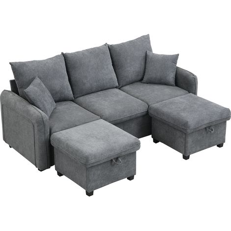 ELVMI Divano Angolare con Funzione Letto e Contenitore, 2 Pouf Modulari, in Ciniglia, Grigio Scuro (1/5)