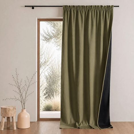 Rideau Thermique Phonique Semi Occultant à Galons Fronceurs Polyester Rideaux Thermiques Isolants Chambre Salon Bureau 140 x 260 cm Kaki (1/5)