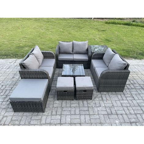 Fimous 9 places Ensemble de meubles de jardin en rotin avec Table basse carrée Love Sofa 3 Tabourets Tables d'appoint (1/5)