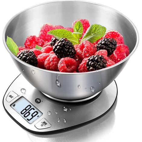 Balanza de cocina electrónica multifuncional de precisión con gran pantalla digital y bol mezclador de acero inoxidable - 5 kg / 11 lb (1/4)