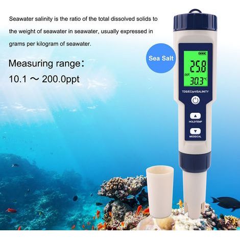Misuratore di qualità dell'acqua 5 in 1: pH, salinità, TDS, EC con retroilluminazione EZ-9909 (1/5)